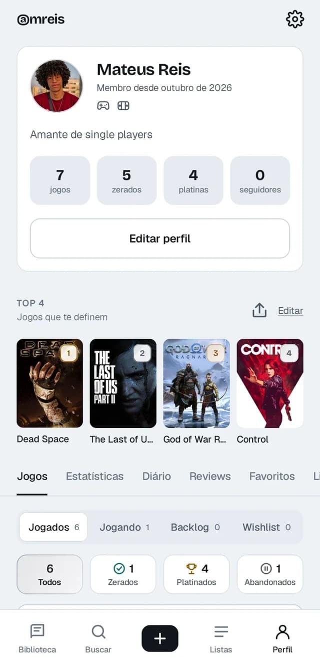 Perfil no app do Playthrough